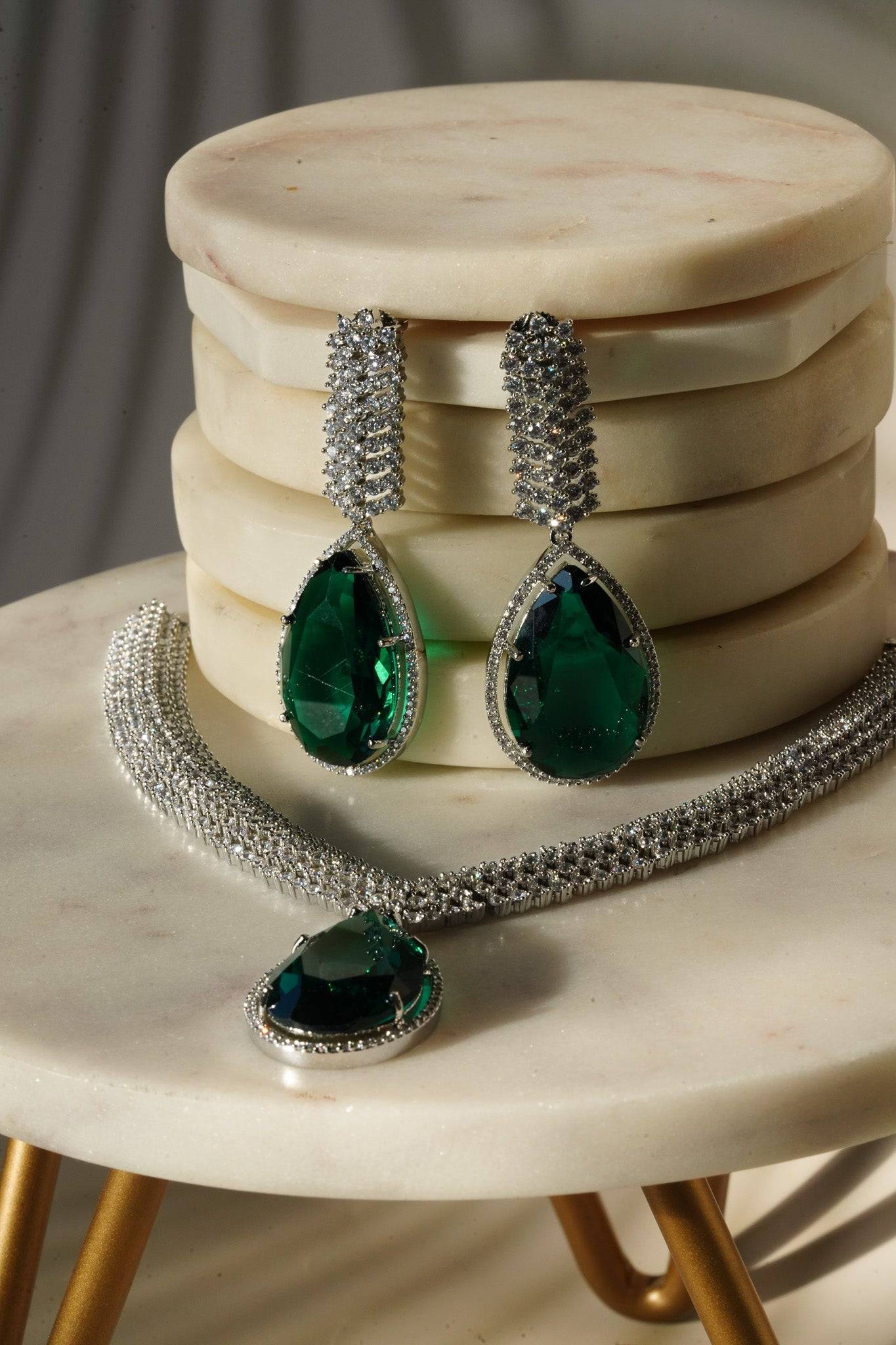 Sharmine - Paved Silver AD Necklace Set Classic Necklace Set from Inaury
