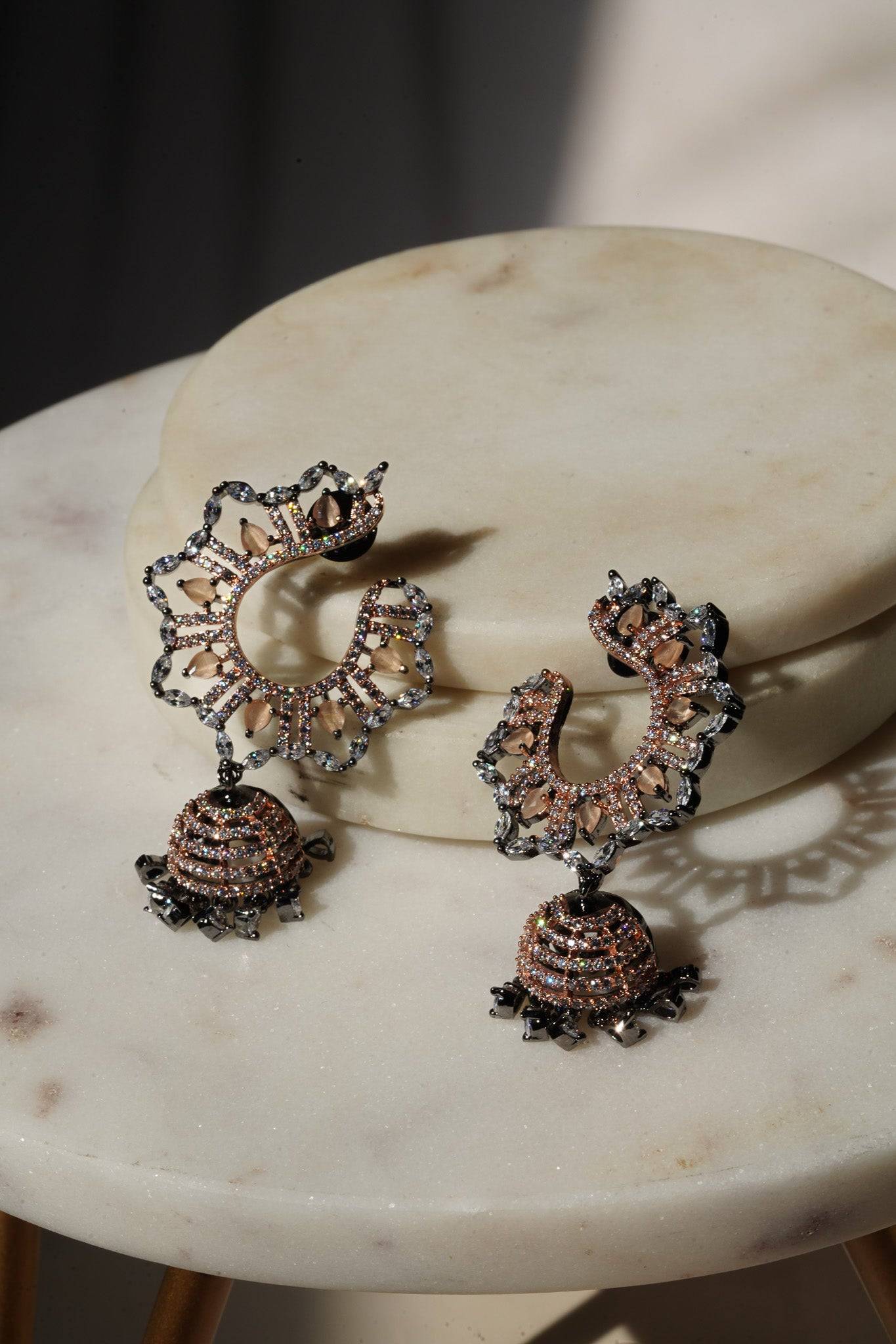 Shifa - Oxidized Black Plated and Peach AD Jhumka Earrings Jhumkas from Inaury