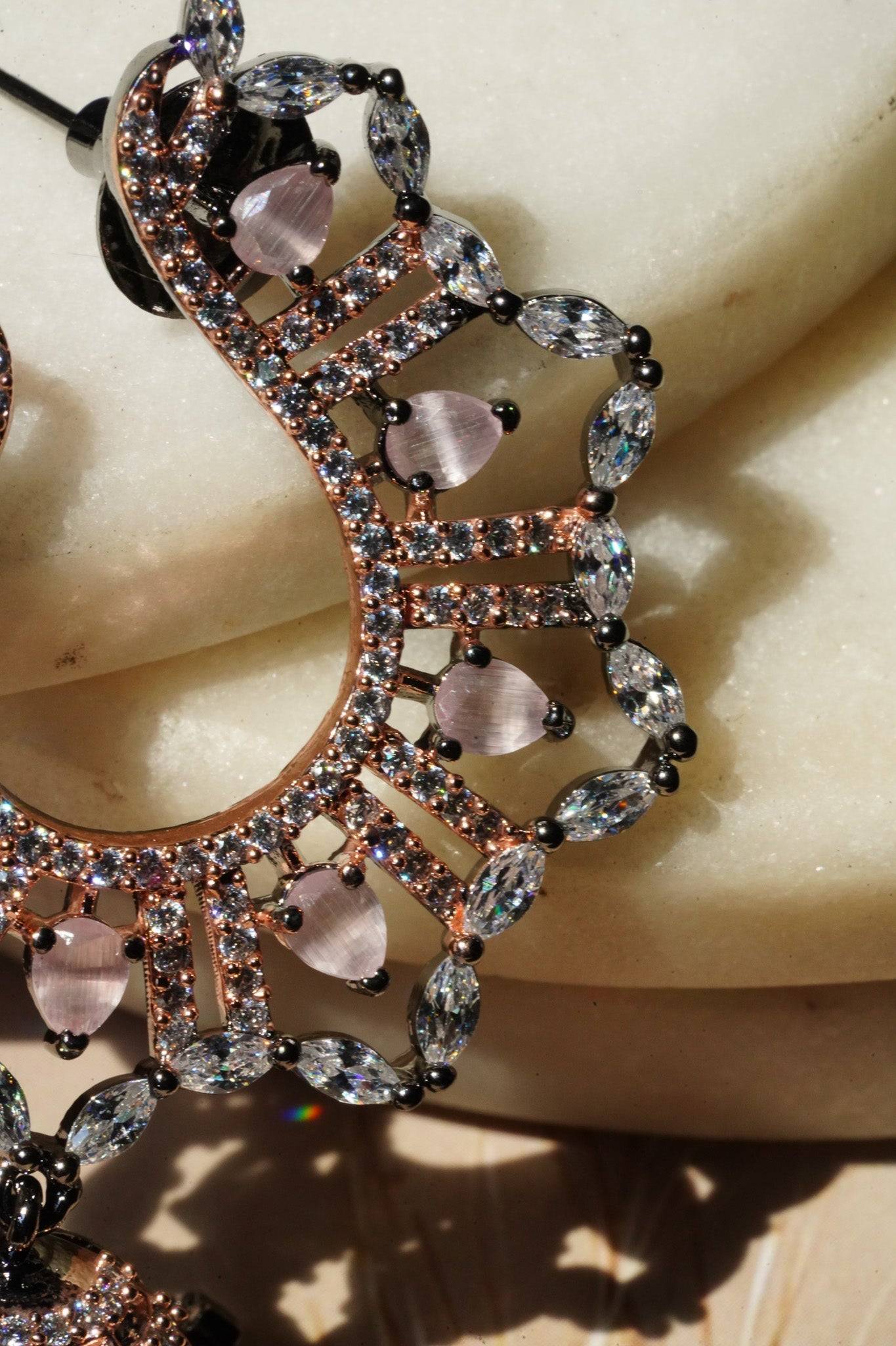 Shifa - Oxidized Black Plated and Peach AD Jhumka Earrings Jhumkas from Inaury