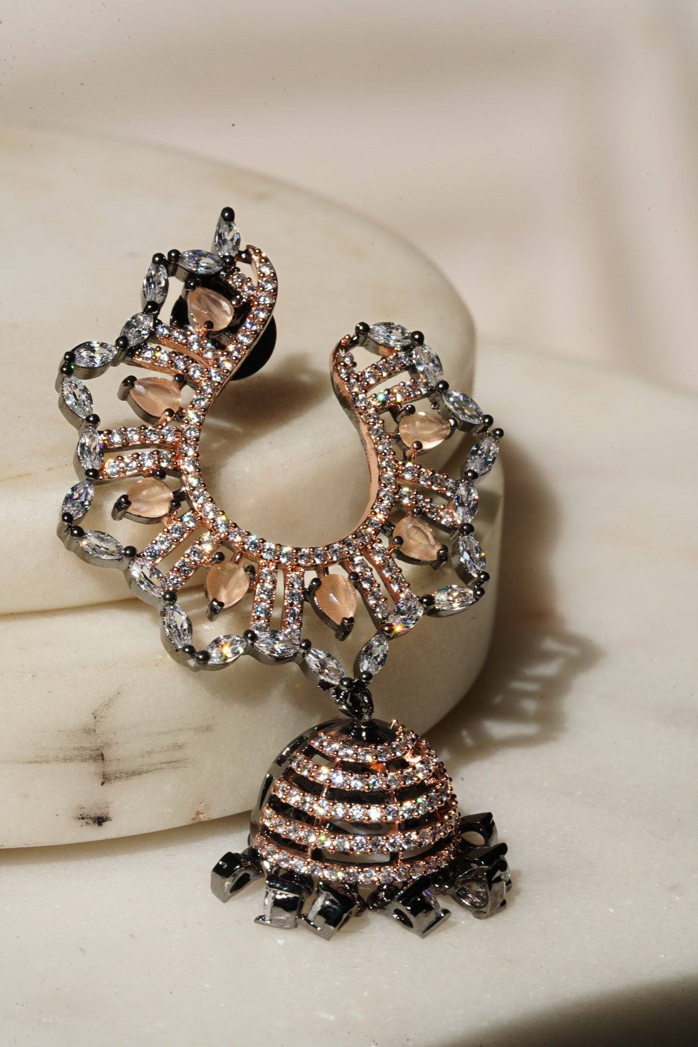 Shifa - Oxidized Black Plated and Peach AD Jhumka Earrings Jhumkas from Inaury