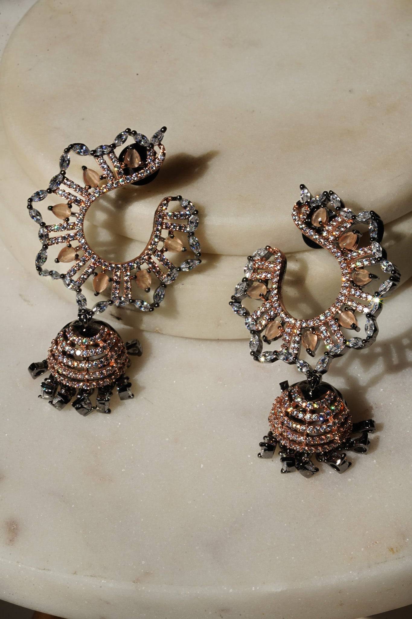 Shifa - Oxidized Black Plated and Peach AD Jhumka Earrings Jhumkas from Inaury