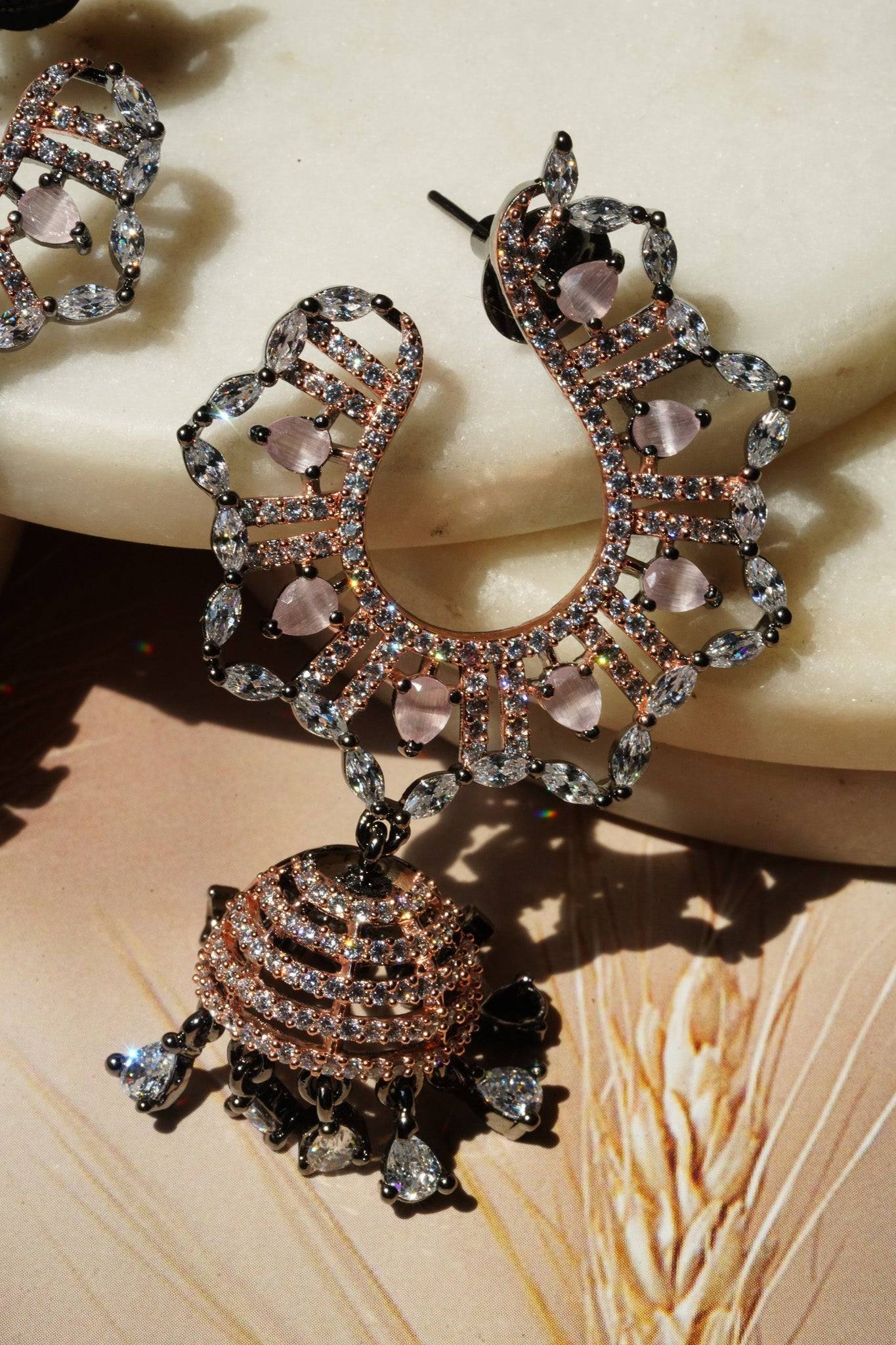 Shifa - Oxidized Black Plated and Peach AD Jhumka Earrings Jhumkas from Inaury