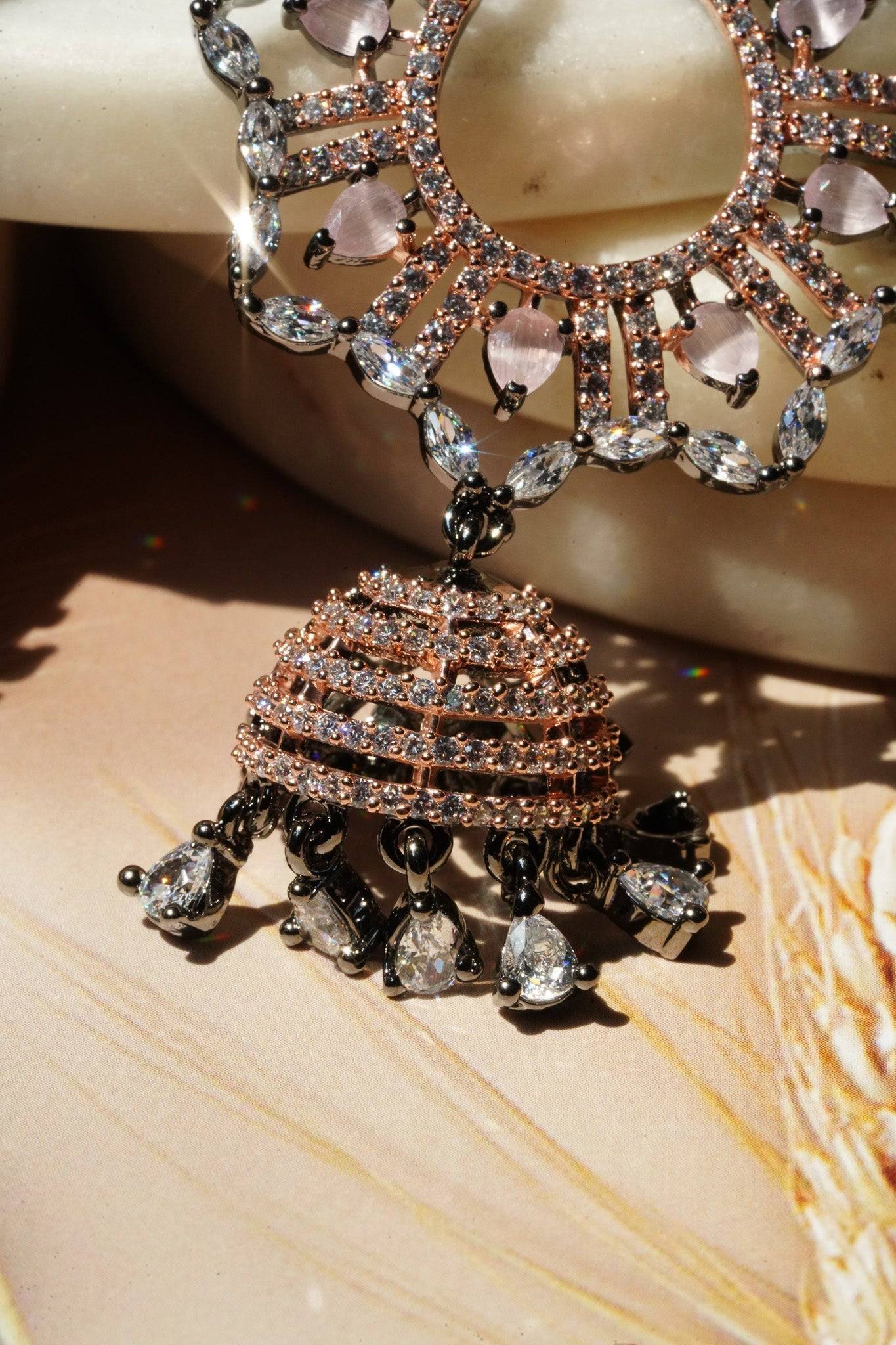 Shifa - Oxidized Black Plated and Peach AD Jhumka Earrings Jhumkas from Inaury
