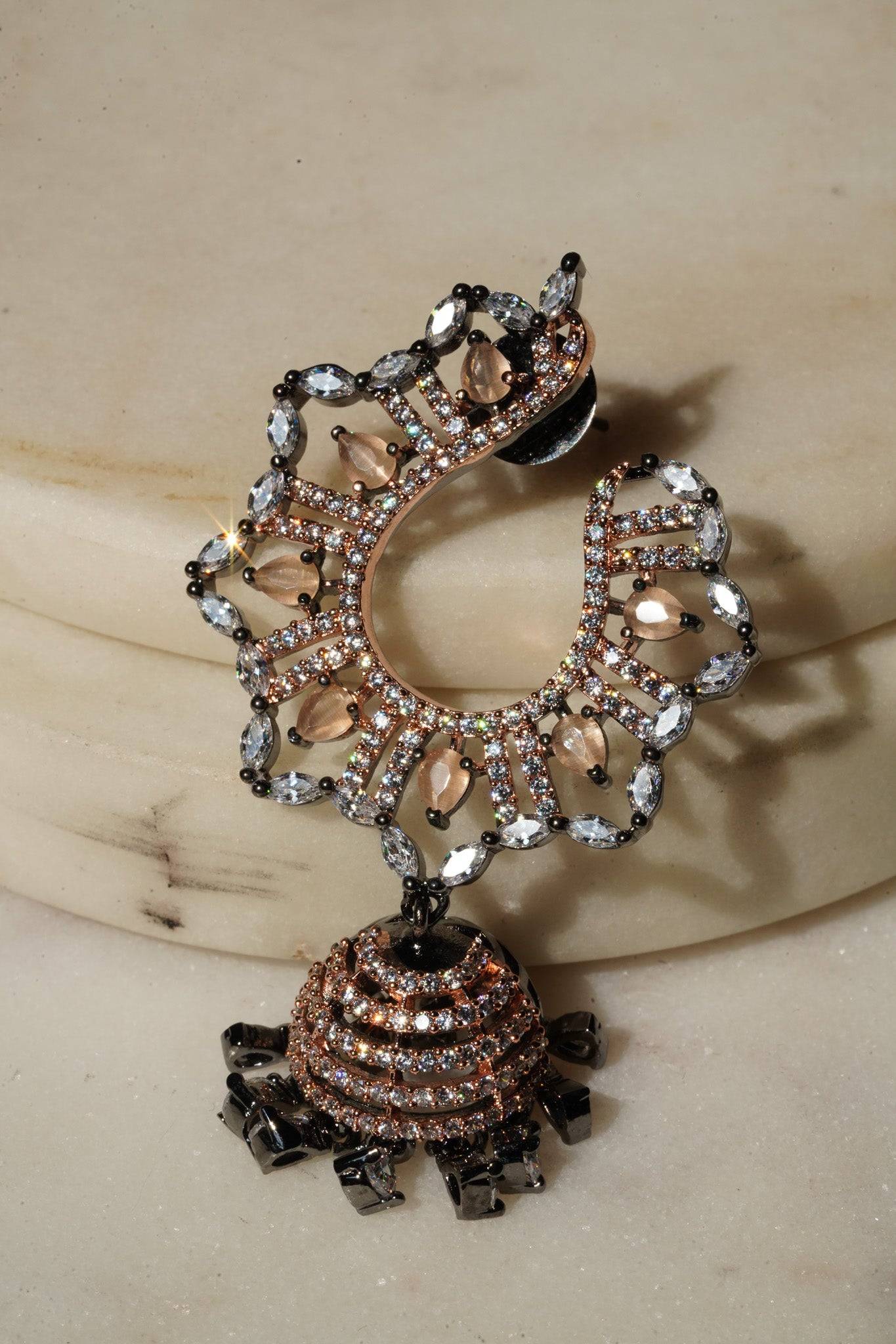 Shifa - Oxidized Black Plated and Peach AD Jhumka Earrings Jhumkas from Inaury