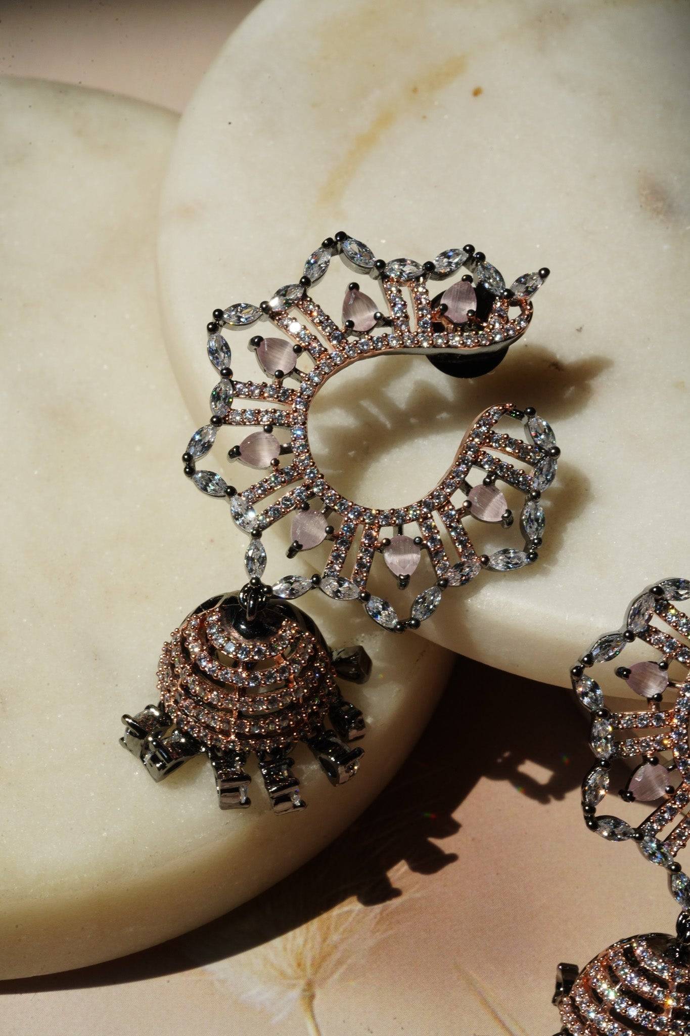 Shifa - Oxidized Black Plated and Peach AD Jhumka Earrings Jhumkas from Inaury