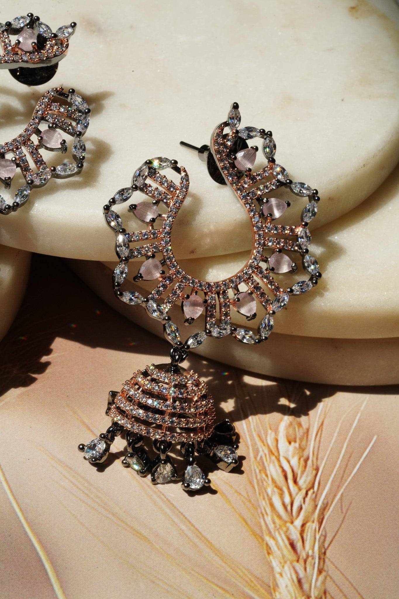 Shifa - Oxidized Black Plated and Peach AD Jhumka Earrings Jhumkas from Inaury