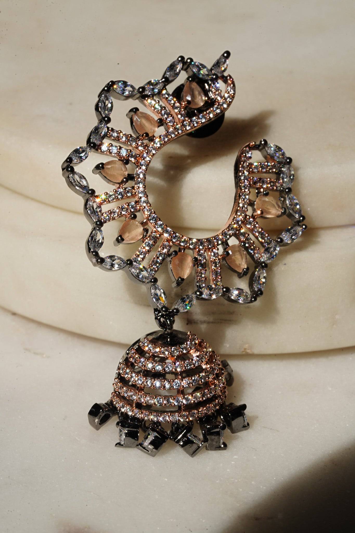 Shifa - Oxidized Black Plated and Peach AD Jhumka Earrings Jhumkas from Inaury