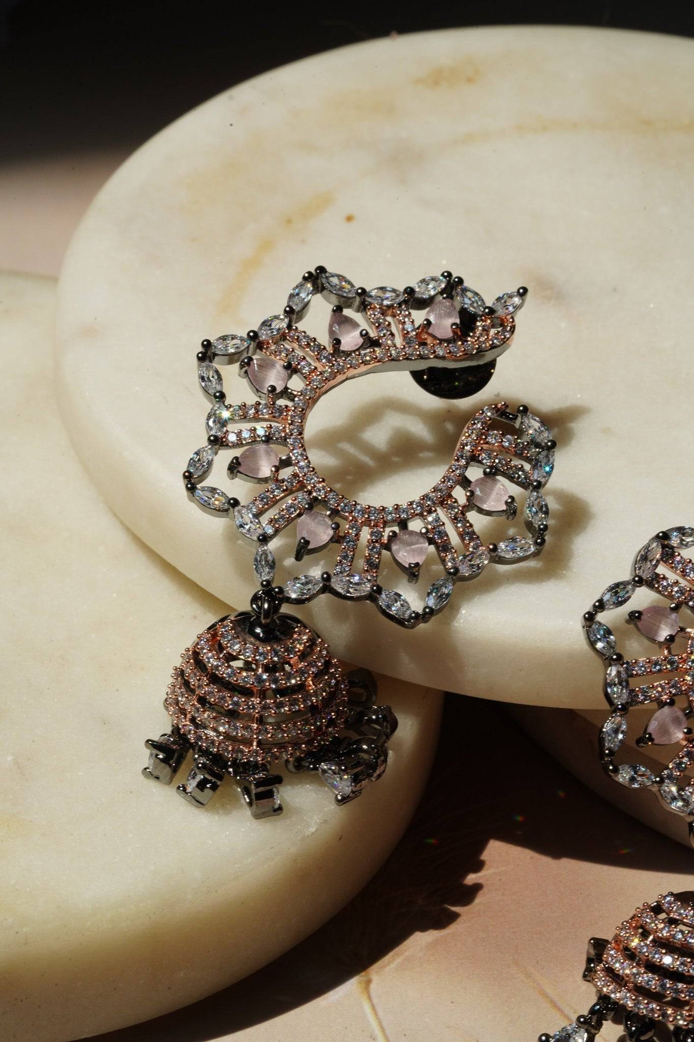 Shifa - Oxidized Black Plated and Peach AD Jhumka Earrings Jhumkas from Inaury