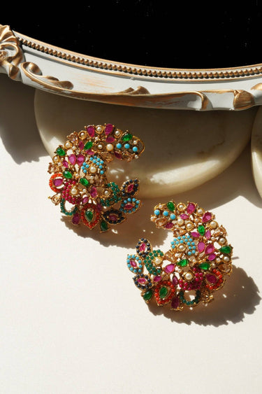 Tina Navratan Statement Top Earrings with vibrant multicolor stones and gold-tone, showcasing intricate craftsmanship, perfect for any outfit.