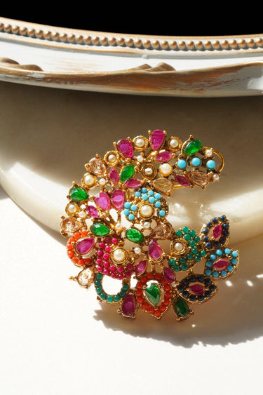 Tina Navratan Statement Top Earrings with vibrant multicolor stones and gold-tone, showcasing intricate craftsmanship, perfect for any outfit.