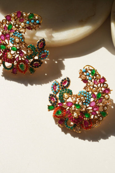 Tina Navratan Statement Top Earrings with vibrant multicolor stones and gold-tone, showcasing intricate craftsmanship, perfect for any outfit.