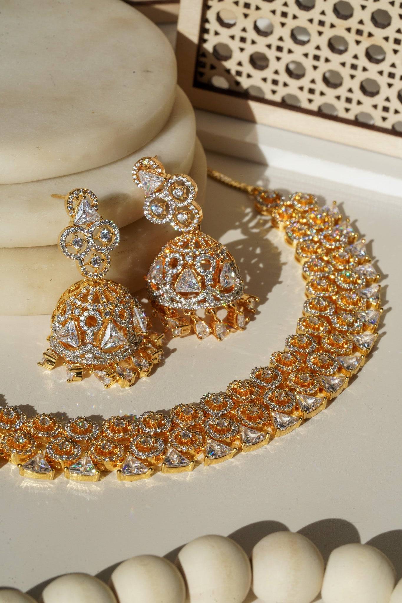 Zeba - Classic AD Necklace Set With Jhumka Earrings Classic Necklace Set from Inaury