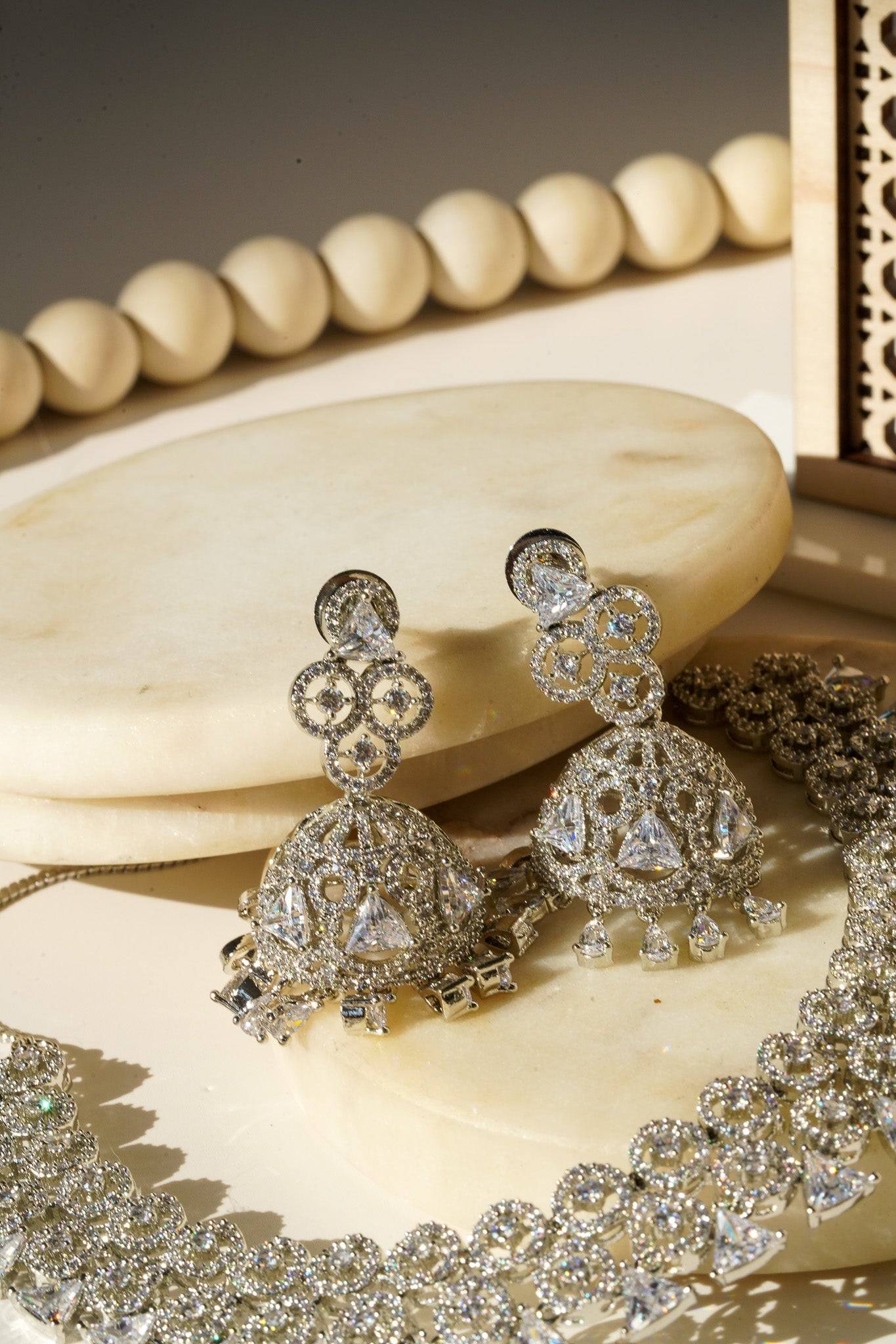 Zeba - Classic AD Necklace Set With Jhumka Earrings Classic Necklace Set from Inaury