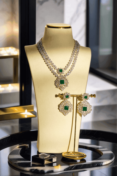 Zeenat Double Layer Diamanté Accent Necklace Set - Rhodium-plated silver finish with intricate detail-cut stones, available in four colors: sapphire blue, emerald green, white, and ruby. Includes matching statement earrings.