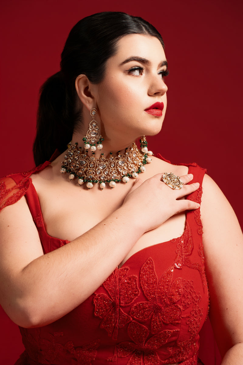 Kainat - Gold and Green Moissanite Polki Choker Necklace Set