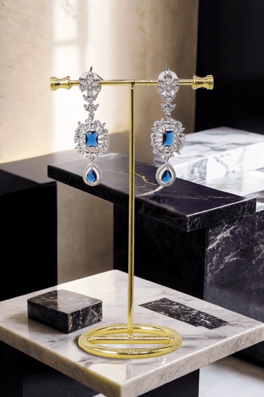 Abi Diamante Floral Necklace Set - AD CZ Necklace Set with intricate floral design, featuring a stunning aqua blue teardrop center stone, perfect for any occasion.