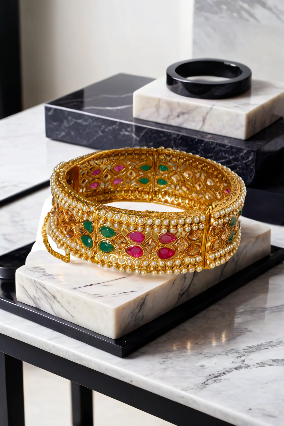 Amika gold-plated bangles with ruby red, emerald green stones, and pearl accents (set of 2)