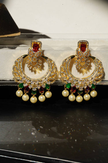 Gold Plated Zircon Pearl Dangling Chandbali Earrings - Anaya