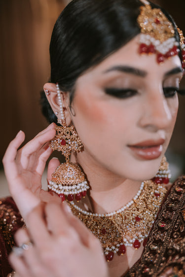 Amreen - Gold Plated Red Bridal Set (5 pc)