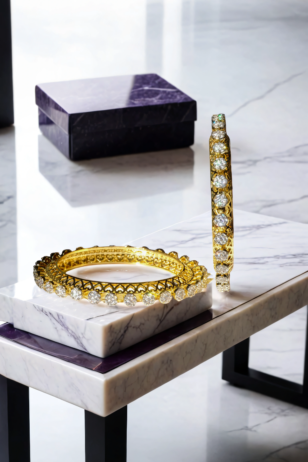 Asha bangles set with gold, rose gold, or silver plating, white stones, and intricate latticework sides