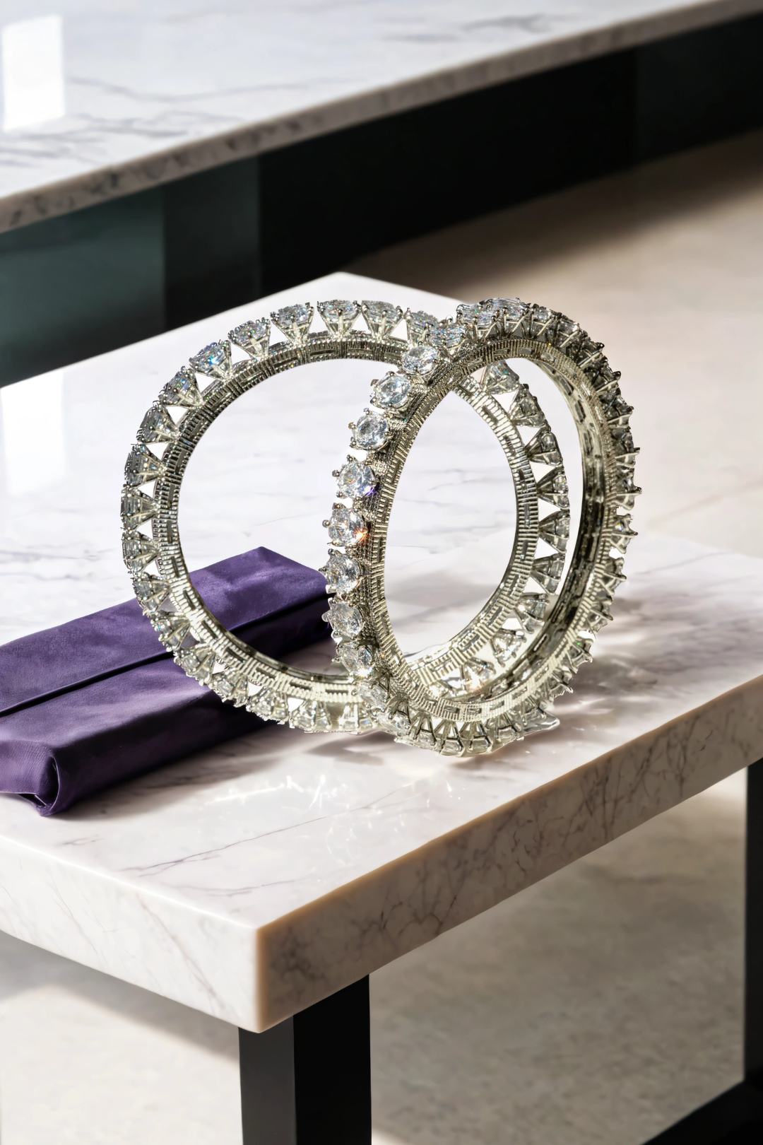 Asha bangles set with gold, rose gold, or silver plating, white stones, and intricate latticework sides