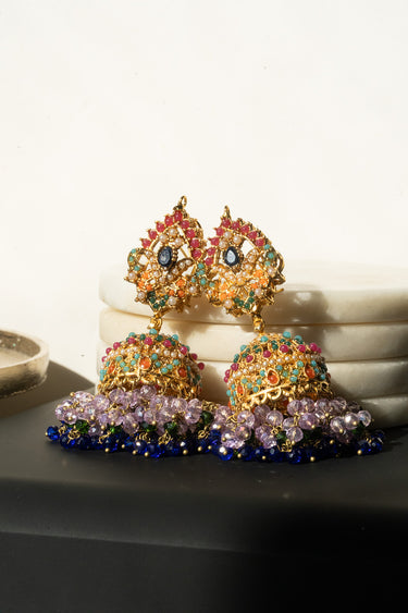 Sahana - Matte Gold Plated Multicolor Navratan Jhumka Earrings