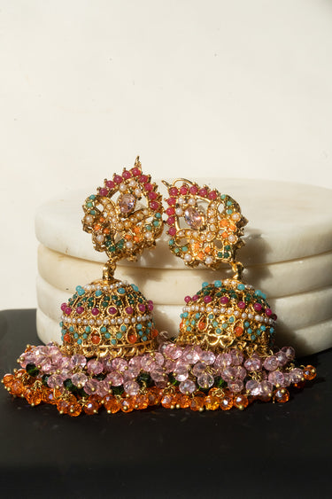 Sahana - Matte Gold Plated Multicolor Navratan Jhumka Earrings