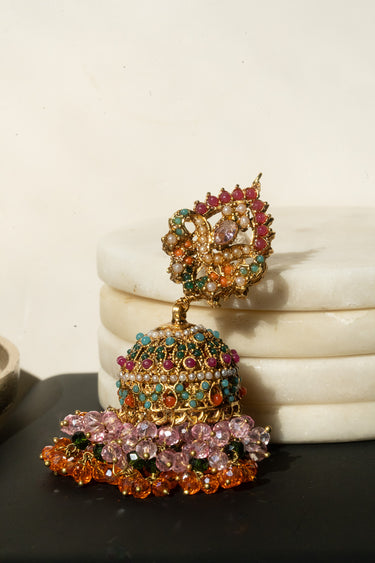Sahana - Matte Gold Plated Multicolor Navratan Jhumka Earrings