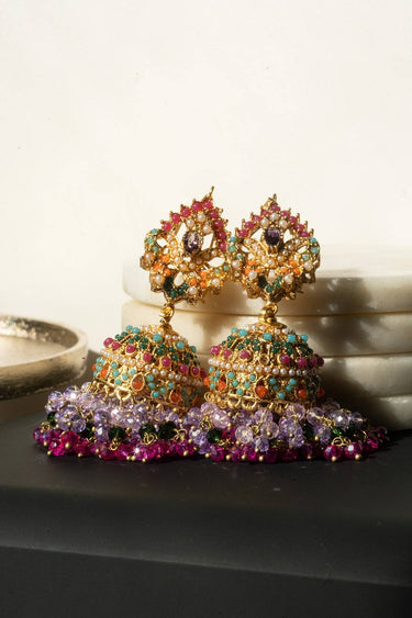 Matte Gold Navratan Zircon Jhumka Earrings – Multicolor, 3 Inches | Sahana