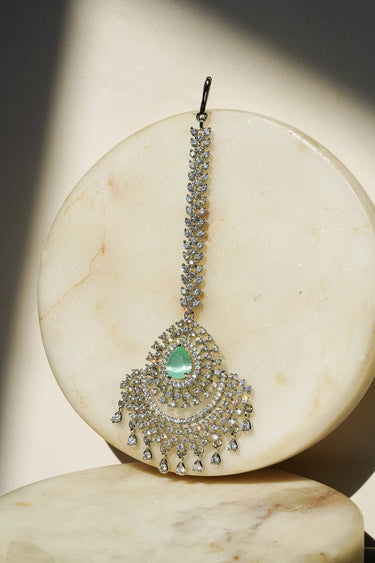 Anya Statement AD Maang Tikka with mint green stone and sparkling rhinestones