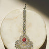 Rhodium plated American Diamond Maang Tikka with Ruby Red and Mint Green stones for Bollywood wedding look