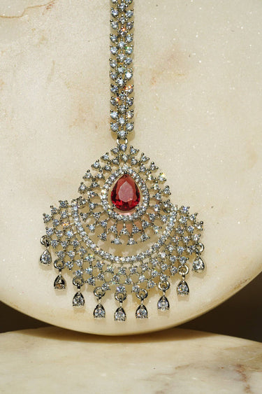 Anya Statement AD Maang Tikka with mint green stone and sparkling rhinestones