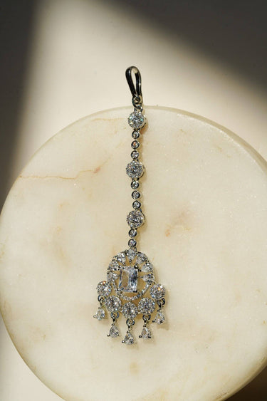 Serena Lightweight Rhodium Maang Tikka with Clear Teardrop Dangles