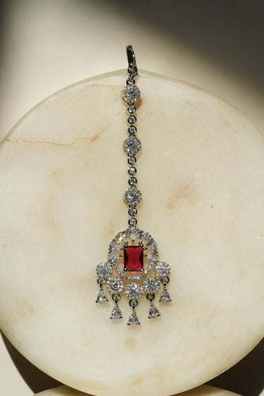 Serena Lightweight Rhodium Maang Tikka with Ruby Red Teardrop Dangles