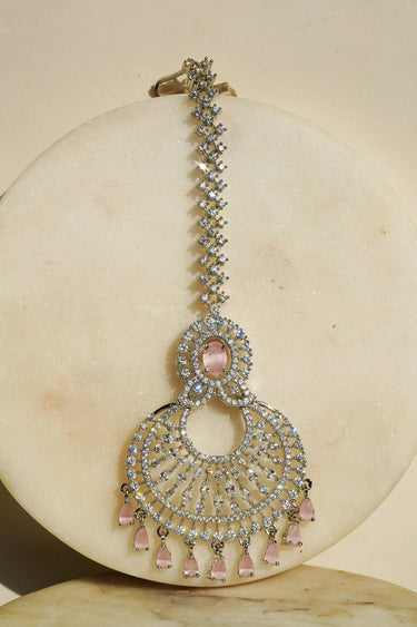 Rhodium Plated AD Maang Tikka with Pink Accents