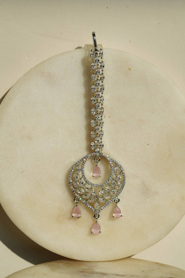 Willow Rhodium Maang Tikka with pink teardrop accents