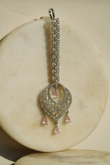 Willow Rhodium Chandbali Maang Tikka showcasing pink dangles