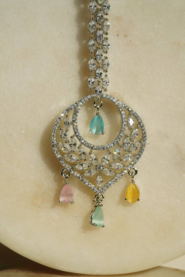 Willow Lightweight Rhodium Maang Tikka featuring colorful teardrop stones