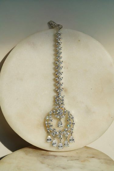 Farida Rhodium Dainty Chand AD Maang Tikka with clear stones