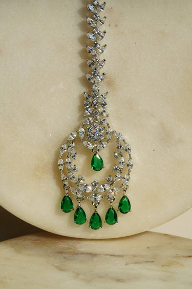 Farida Rhodium Dainty Chand AD Maang Tikka with green stones