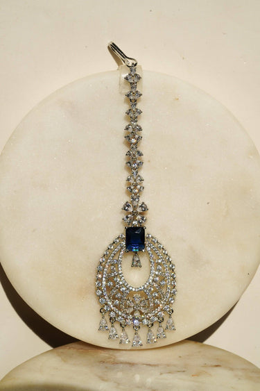 Ayla Oval Maang Tikka in Rhodium with blue AD stones