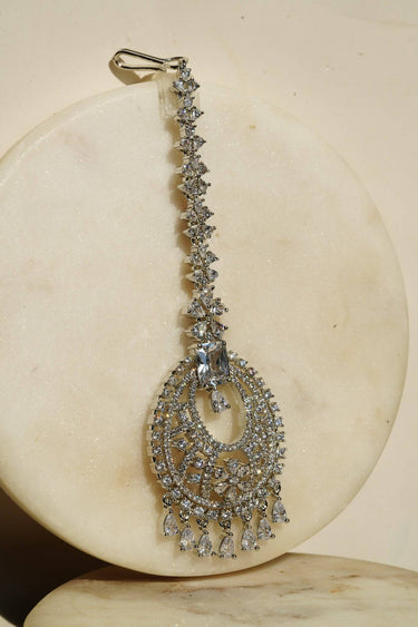 Ayla Oval Maang Tikka in Rhodium with clear AD stones