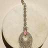 Ayla Oval Maang Tikka in Rhodium with pink AD stones
