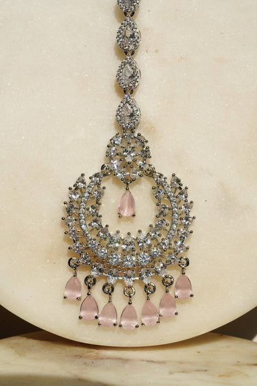 Dainty Tikka Rhodium Chand Maang Tikka featuring pink accents