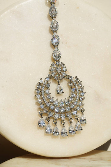 Stylish Rhodium Chand Maang Tikka with detailed design