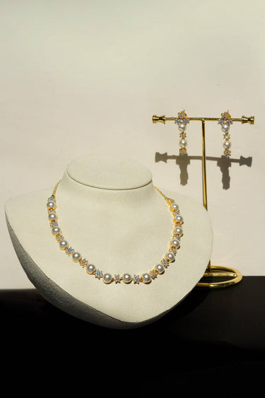 Chhavi Pearl & Diamante AD Necklace Set displayed on bust