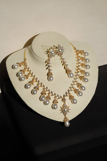 Saffina Pearl & Diamante Necklace Set displayed on stand