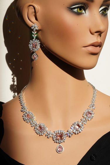 Abi - Rhodium Plated Diamante Accent Floral AD Necklace Set with Dangler Earrings