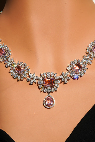 Abi - Rhodium Plated Diamante Accent Floral AD Necklace Set with Dangler Earrings