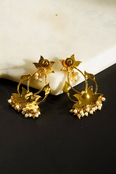 Traditional Kundan lotus earrings with pearl embellishments